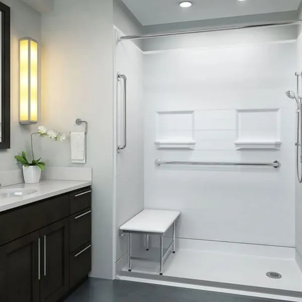 Accessible bathroom with a low-threshold shower, fold-down seat, and grab bars beside the entry