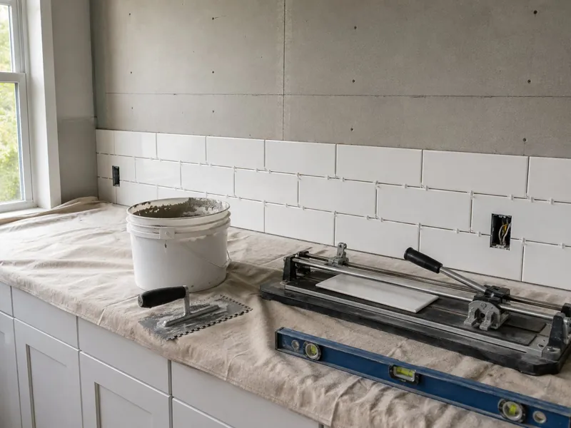 Kitchen backsplash midway through installation, the lower rows of subway tile set with spacers still in the joints beside a notched trowel, tile cutter and level