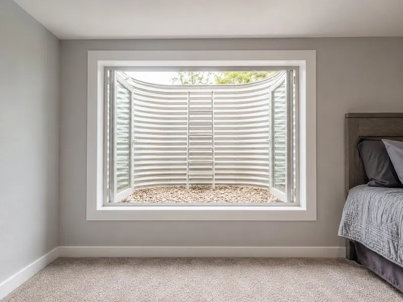 Basement bedroom egress window set low in the wall, opening into a gravel-filled window well that brings daylight into the room