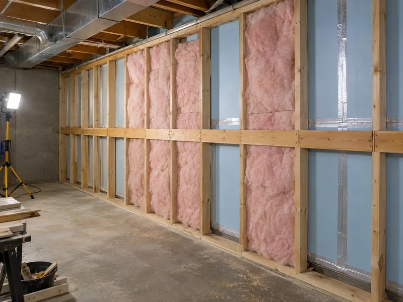 Basement wall framed off the foundation with taped rigid foam board behind the studs, batt insulation in the bays, and horizontal fire-blocking across the studs