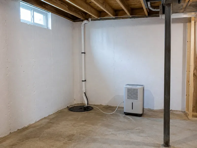 Unfinished basement with sealed concrete foundation walls, a capped sump pit and discharge pipe, and a dehumidifier draining toward it