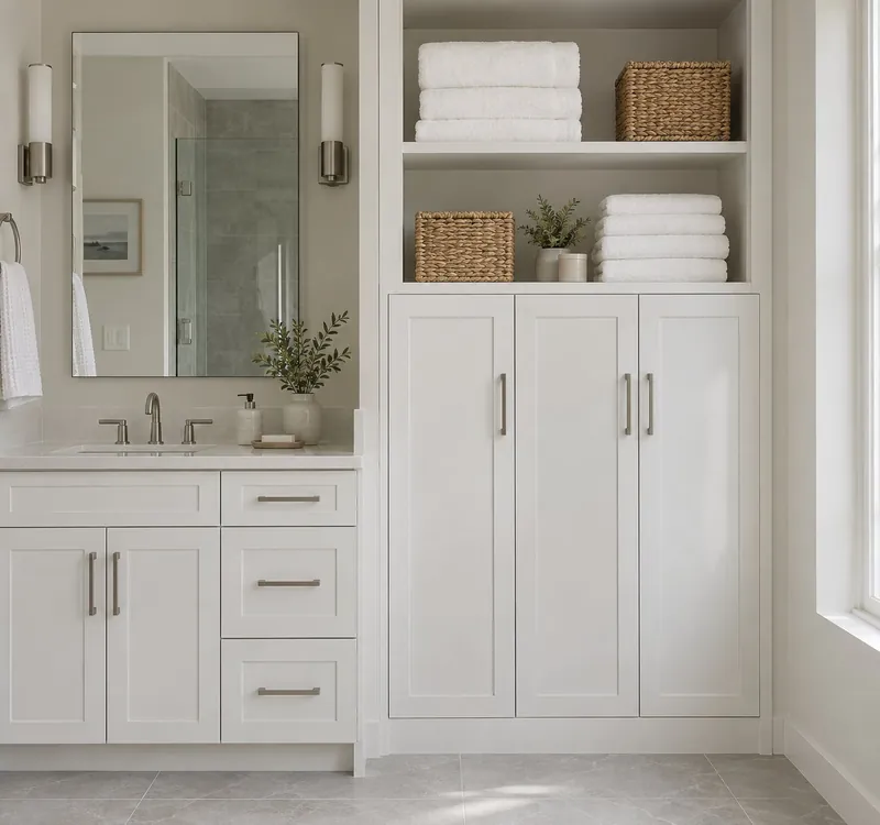 Floor-to-ceiling white linen tower beside a bathroom vanity, with open upper shelves holding folded towels and woven baskets above closed cabinet doors