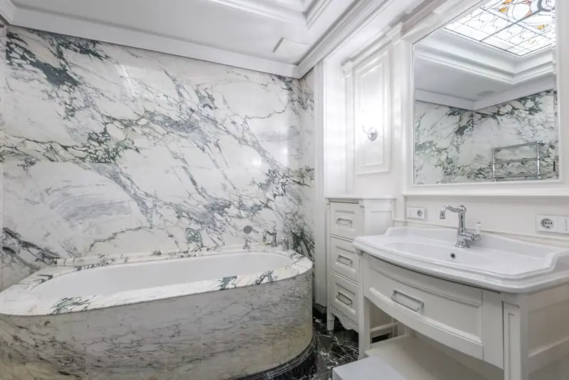 Marble bathroom remodel with freestanding tub in Findlay, OH