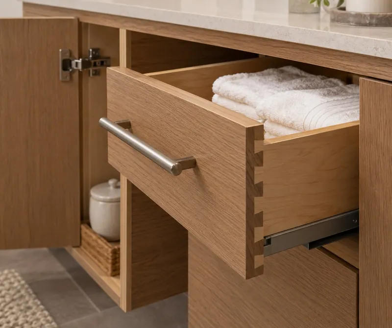 Open vanity drawer showing a solid wood box with dovetailed corners riding on a full-extension soft-close glide, beside a concealed soft-close hinge