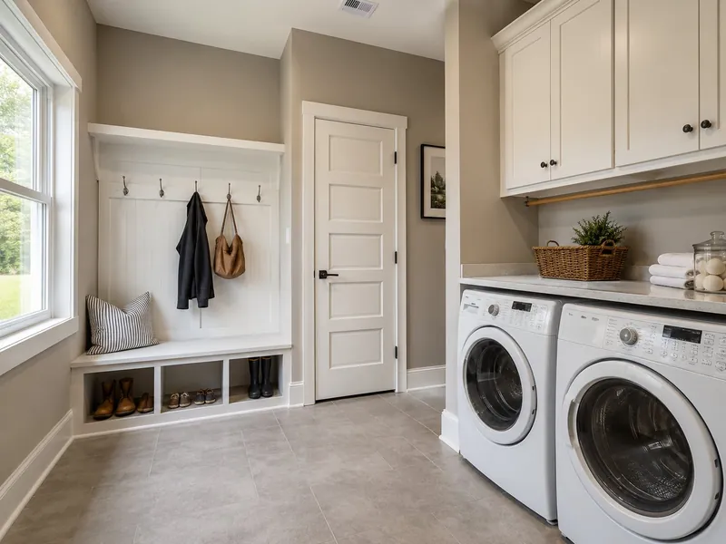 Combined laundry and mudroom with a built-in bench and coat hooks on one side and a washer and dryer under a folding counter on the other