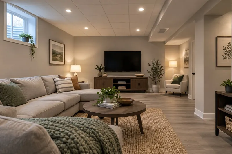 Finished basement family room with luxury vinyl plank flooring, recessed lights in a white drop ceiling, and a sectional facing a media console