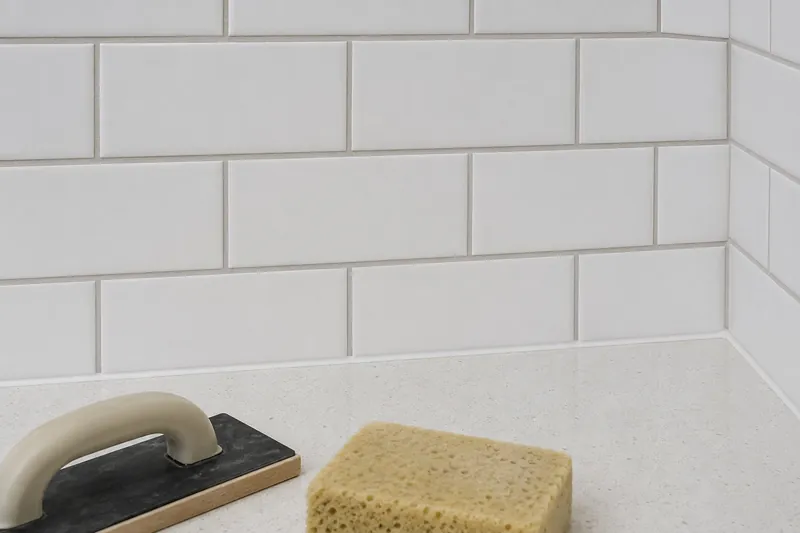 Finished subway tile backsplash with even grout lines and a clean caulk bead in the joint where the tile meets the quartz countertop
