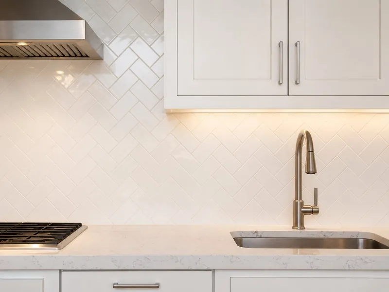 Kitchen backsplash tiled in a white herringbone pattern between the quartz countertop and white shaker upper cabinets