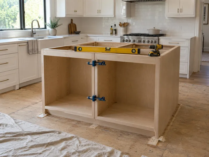 Kitchen island cabinet boxes set on floor cleats, clamped together at the face frames and checked with a level before the countertop is templated