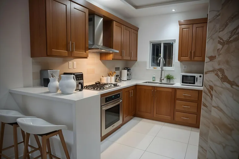 Kitchen peninsula with a marble surround, seating, and wood cabinetry
