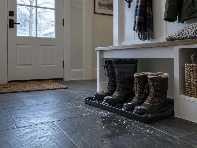 Mudroom floor of dark slate-look tile with a boot tray, snow boots, and road salt and snowmelt tracked in from outside