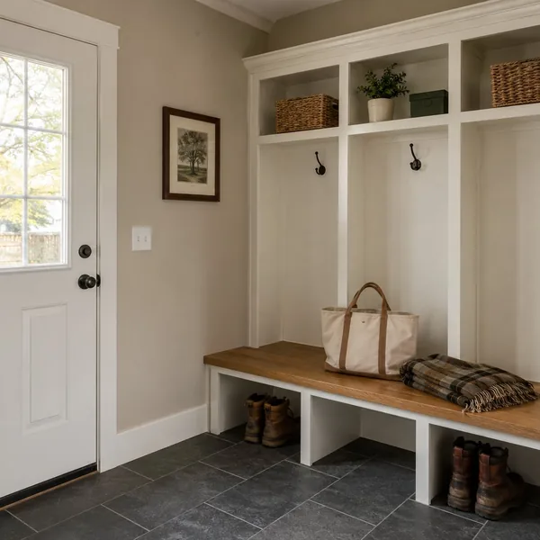 Mudroom bench with cubbies above, coat hooks, and open boot storage below on a slate-look tile floor