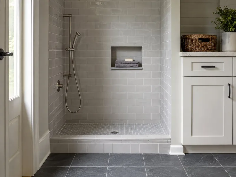Raised tiled wash basin with a handheld sprayer on a slide bar and a towel niche, built into a mudroom beside white cabinetry