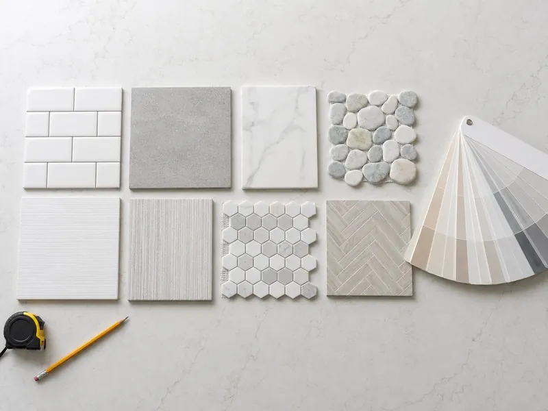 Shower tile samples laid out for selection alongside a grout color fan deck, including subway, large-format porcelain, marble-look, pebble and hexagon mosaic