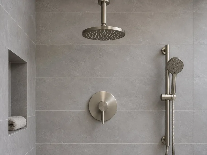 Brushed nickel shower fixtures on a large-format tile wall: a ceiling-mounted rain head, a thermostatic valve trim with a lever handle, and a handheld sprayer on a slide bar