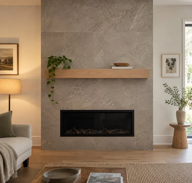 Fireplace surround finished in large-format stone-look porcelain tile from hearth to ceiling with a floating white oak mantel