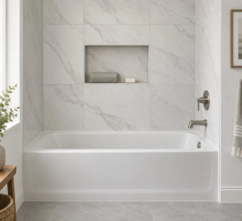 Alcove bathtub with a marble-look porcelain tile surround running to the ceiling, a recessed tiled niche, and a caulked joint where the tile meets the tub rim
