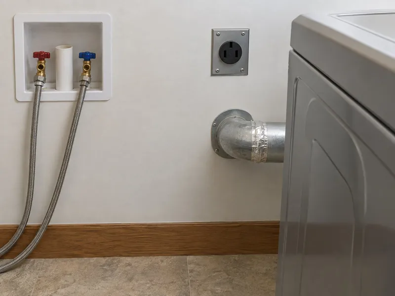 Washer outlet box with hot and cold shutoff valves and a standpipe drain, a 240-volt dryer receptacle, and a rigid metal dryer duct running straight into the wall